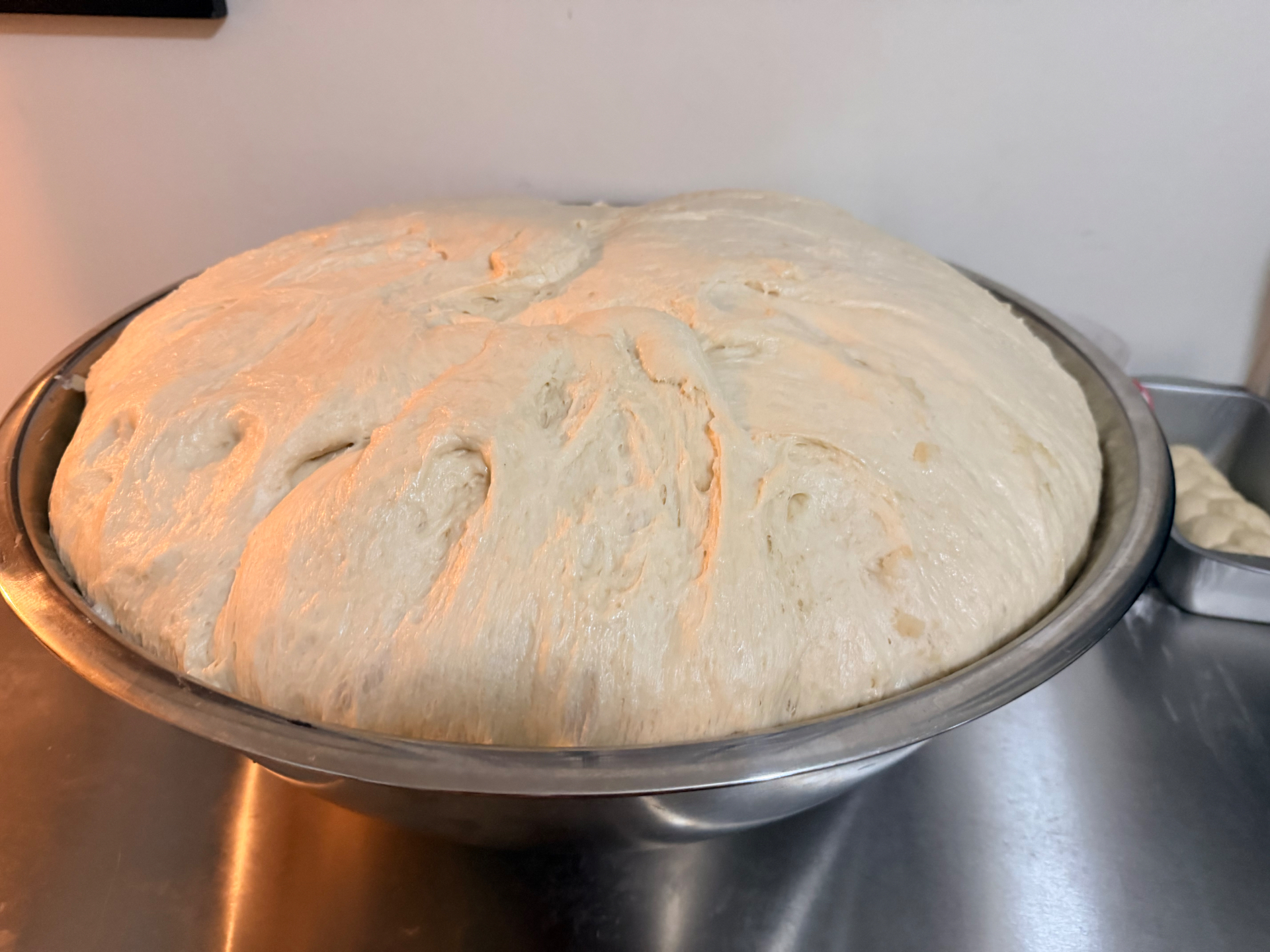 A big bowl of risen challah dough